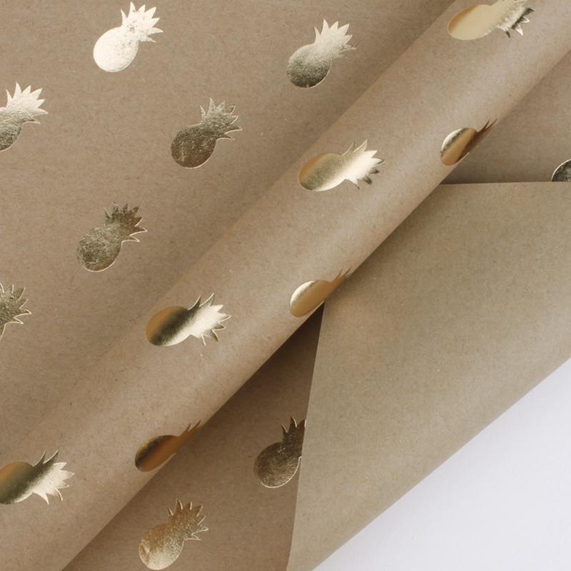 Pineapple Gold Foil Kraft Wrapping Paper Sheets - (4) - 30" X 20"