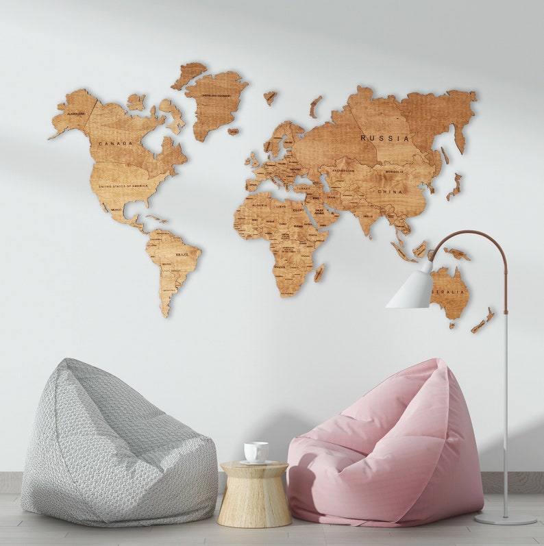 Wooden World Map | Large Travel Map | Canvas | Push pin | Wall decor