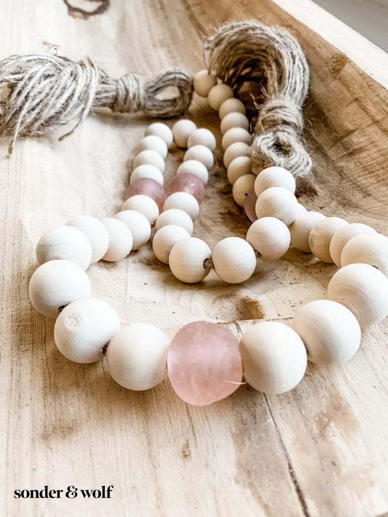 Wood Bead Garland with Rose Recycled Glass Beads