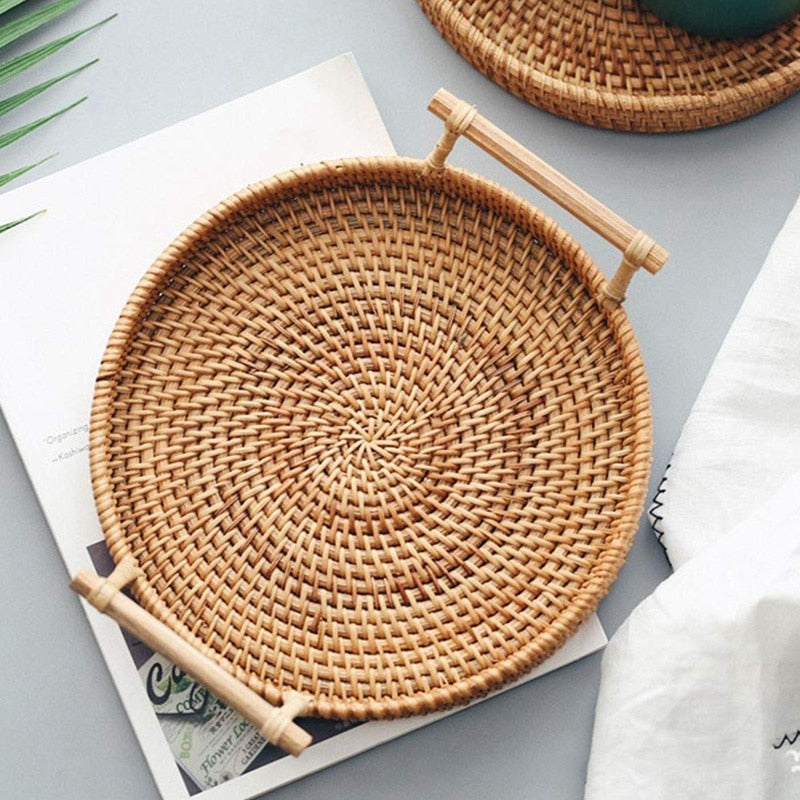 Hand woven rattan tray with handles