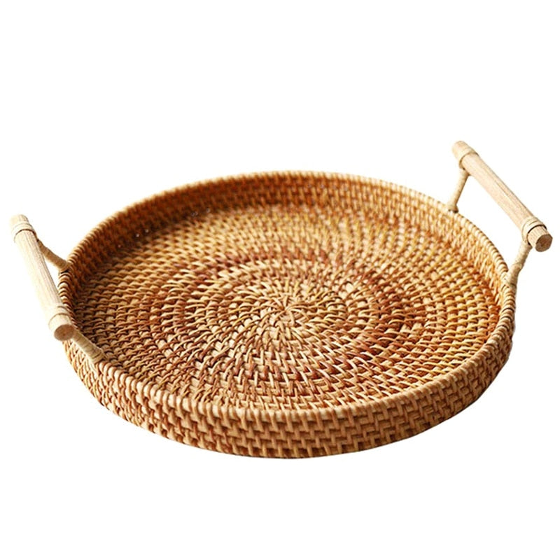 Hand woven rattan tray with handles