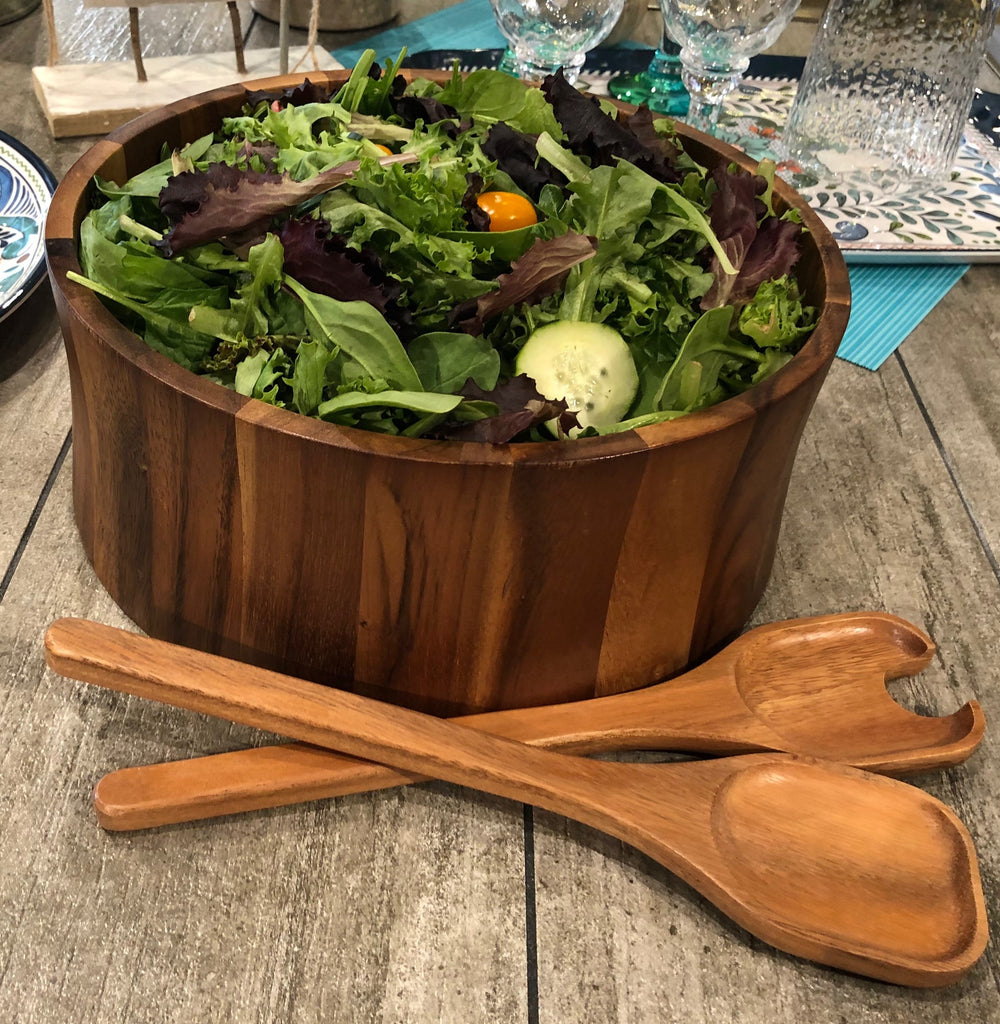 Acacia Wood Salad Bowl with Utensils